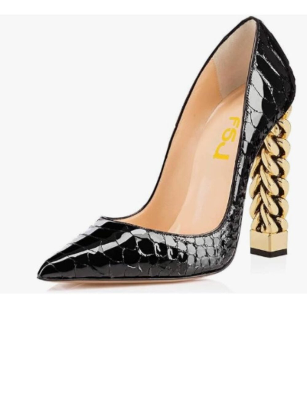 FSJ Black Snake Gold Metal Chain Chunky High Heel Pointed Toe Slip On Sexy Shoes